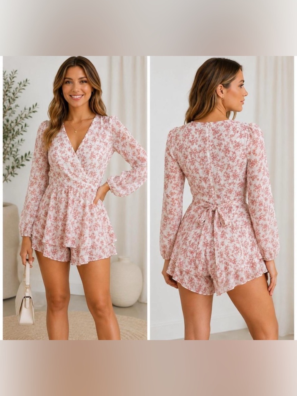 Saints + Secrets Floral Long Sleeve Ruffle Romper Tie Front V-Neck Medium Fairy